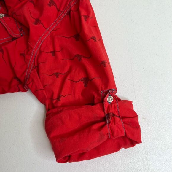 Barn Fly Red Steer Bull Print Long Sleeve Roll Tab Button Front Shirt Women XL - Picture 5 of 13
